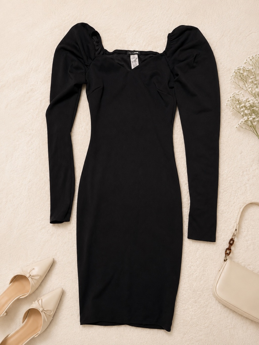Fashion Nova Black Puff Sleeve Bodycon Midi Dress | Square Neck | Size XS